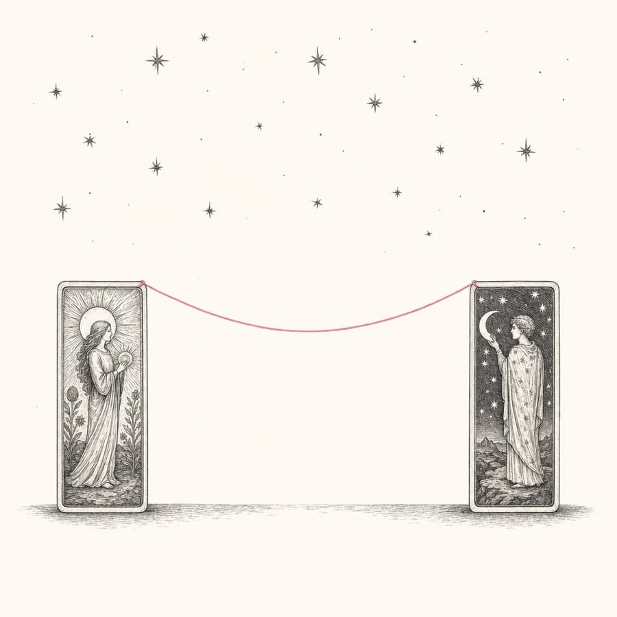 Two engraved tarot cards connected by a single rose thread arcing across a starry sky