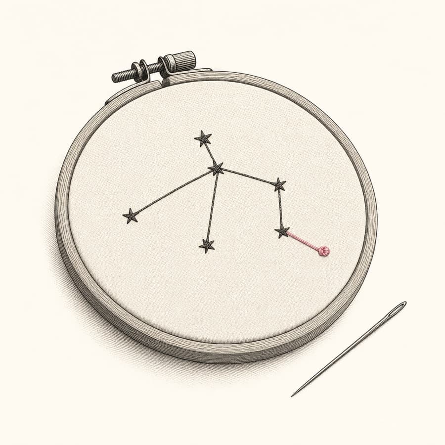 An engraved embroidery hoop with a constellation stitched in thread, finished with a rose knot