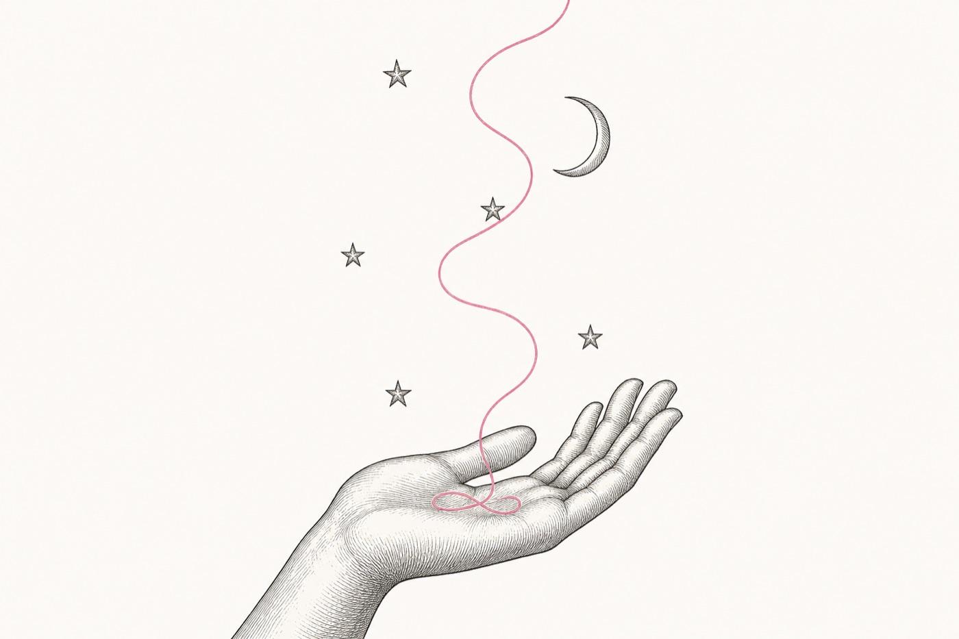 An engraved hand holding a rose thread that winds up among stars and a crescent moon