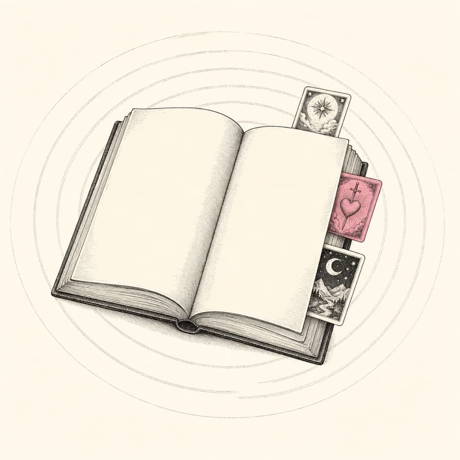 An engraved open journal with tarot cards tucked between the pages like bookmarks