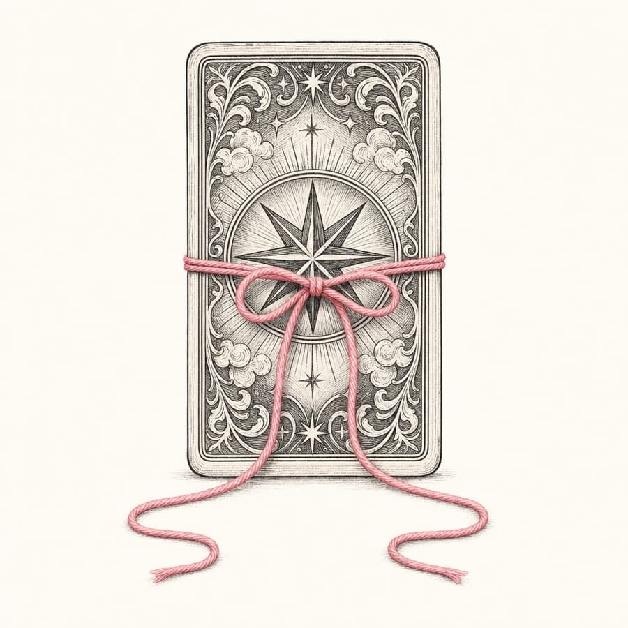 An engraved tarot card tied with a loose rose thread in a soft bow
